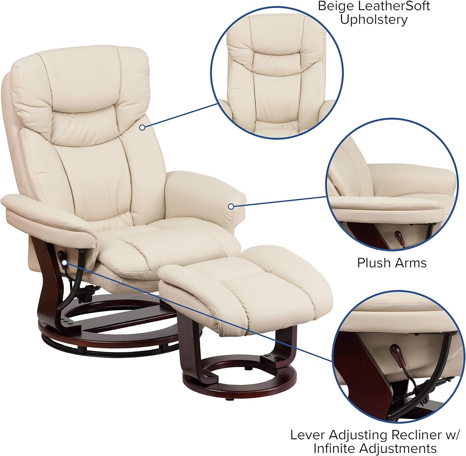 Beige Faux Leather Swivel Recliner with Mahogany Wood Base and Ottoman