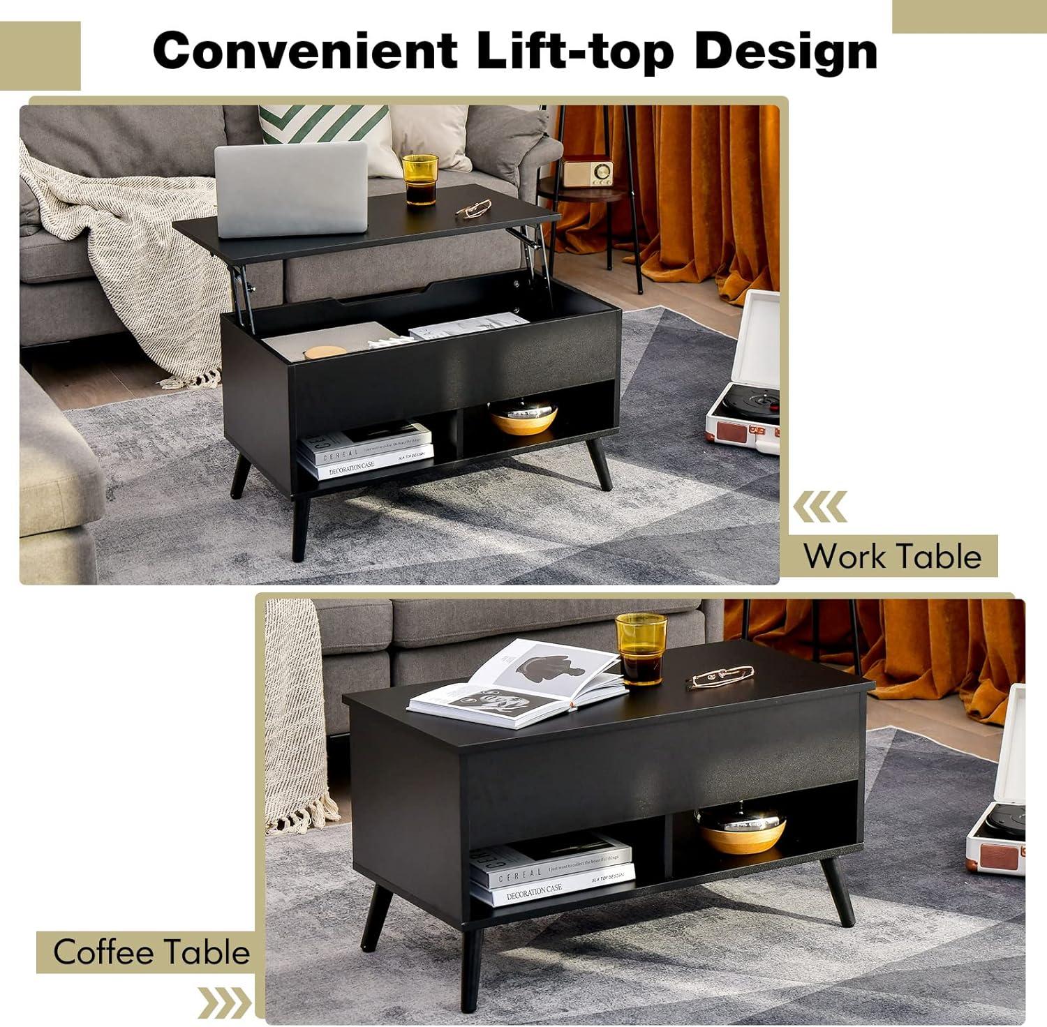 Costway 31.5''  Lift Top CoffeeTable ModernTable W/ Hidden Compartment&Wood Legs For Home Black