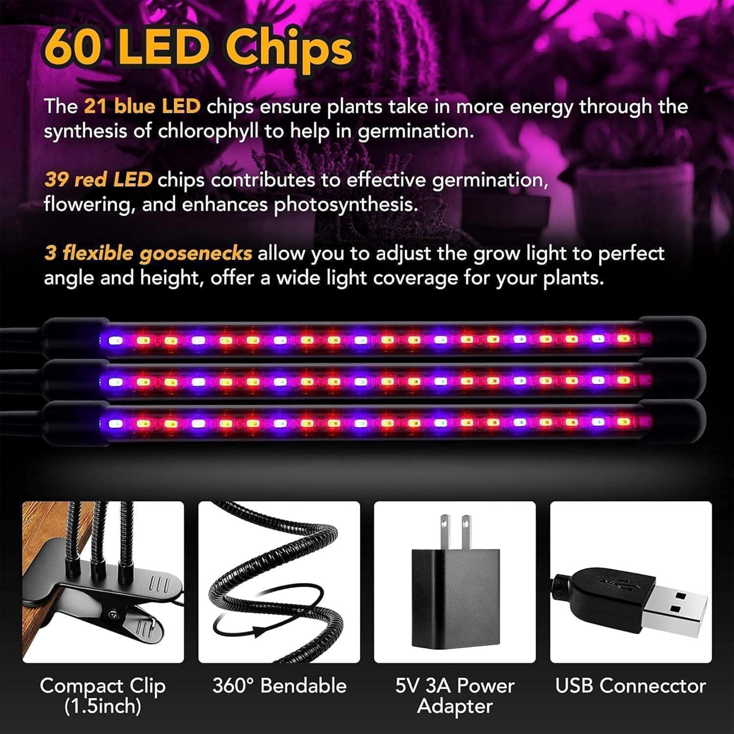 iPower LED Grow Lights with Full Spectrum Plant Growing Lamp for Indoor Plant, 3 Modes Timing Function, 3 Tubes, Red&Blue