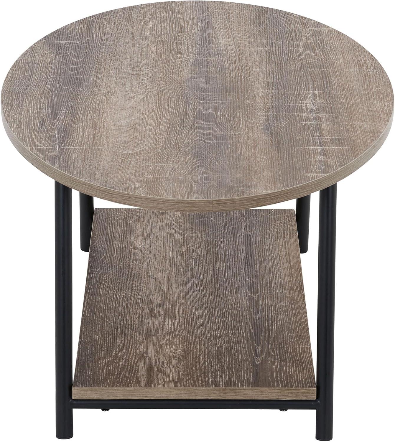 Household Essentials Jamestown Oval Coffee Table Ashwood: Modern Mid-Century Design, Iron Frame, Particle Board Surface, Lower Storage Shelf