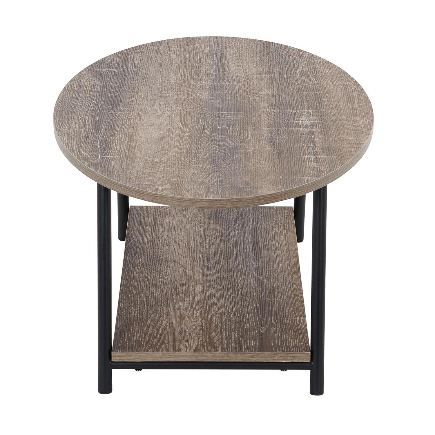 Household Essentials Jamestown Oval Coffee Table Ashwood: Modern Mid-Century Design, Iron Frame, Particle Board Surface, Lower Storage Shelf