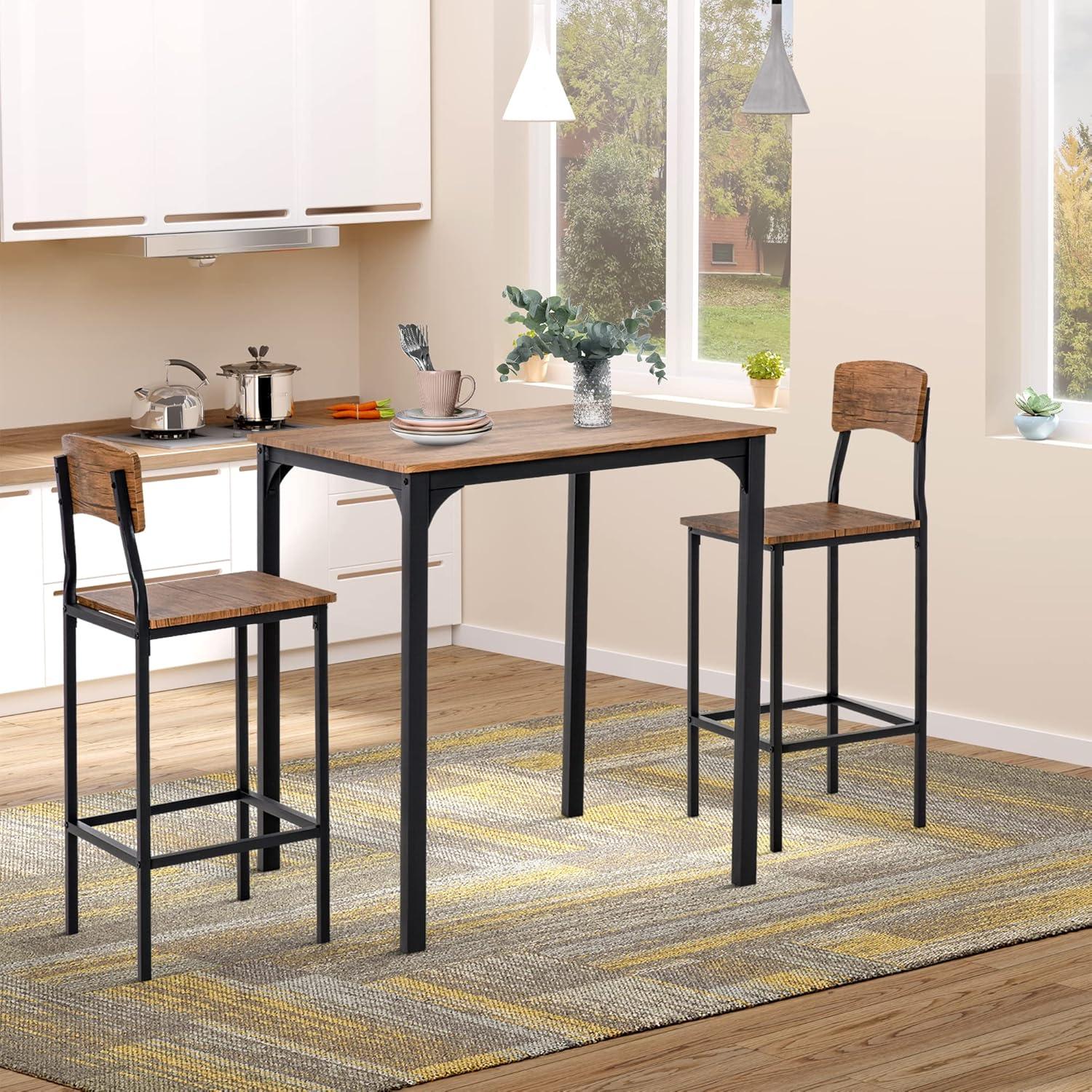 17 Stories 3 Piece Square Industrial Small Dining Table Set, Bar Table and Chairs Set, Rustic Brown and Black