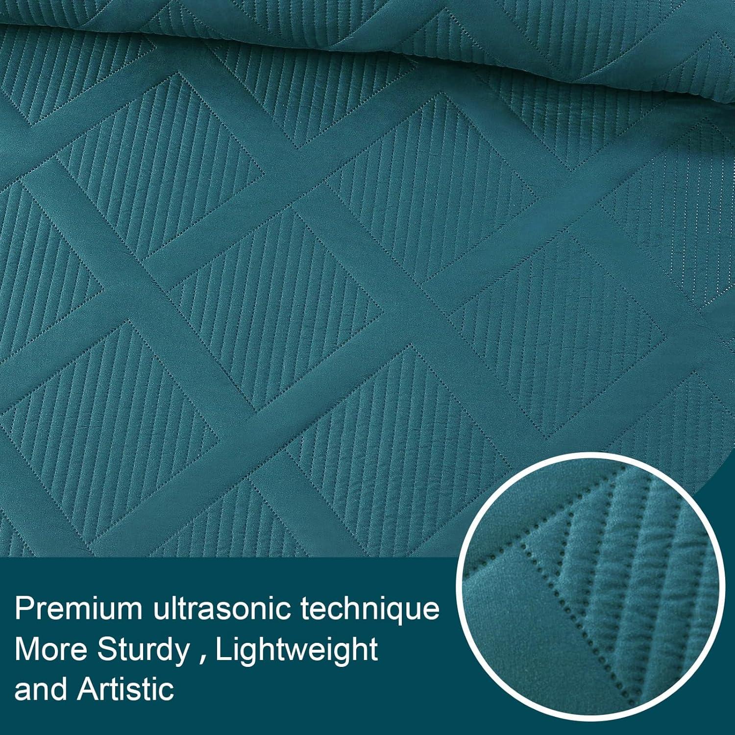 Exclusivo Mezcla Ultrasonic King Quilt Set, 3-Piece Lightweight Bedspreads Modern Striped Coverlet, Teal
