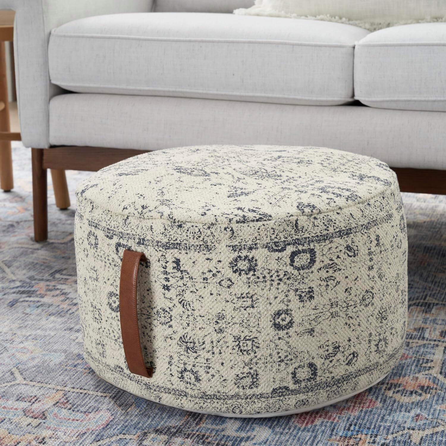 Nicole Curtis Handcrafted Vintage Floral 20" x 20" x 12" Indoor Drum Pouf with Handle