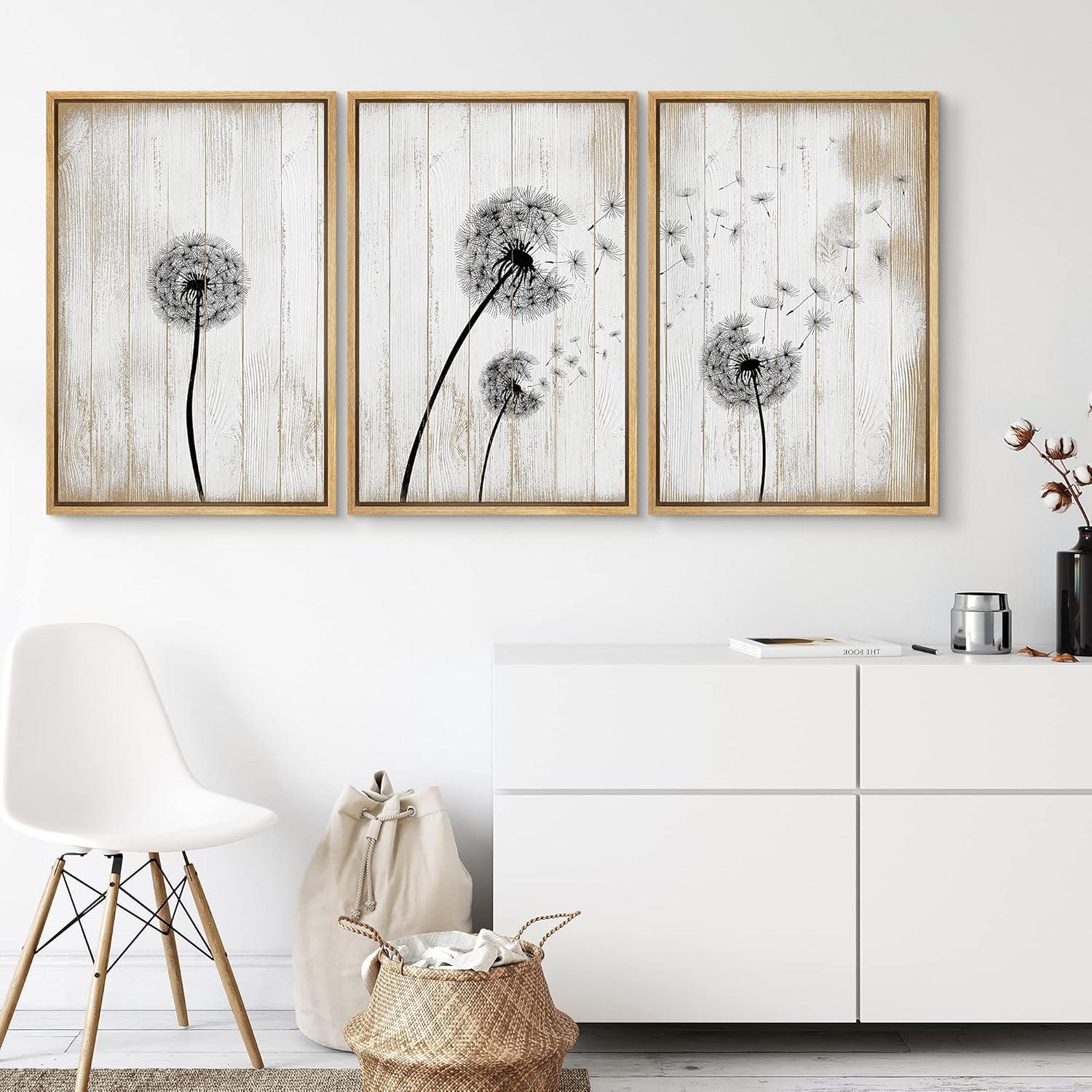 Flying Dandelion On Wood Effect Background Retro Framed On Canvas 3 Pieces Print Wall Art