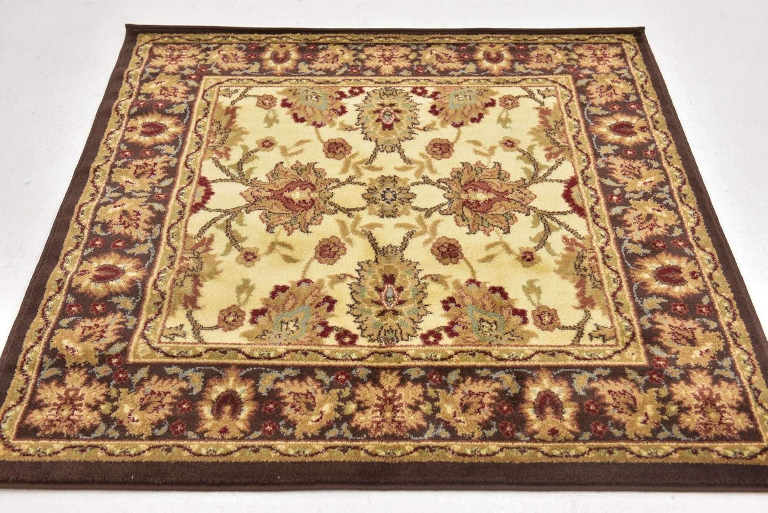 Ivory and Brown Square Synthetic Traditional Area Rug