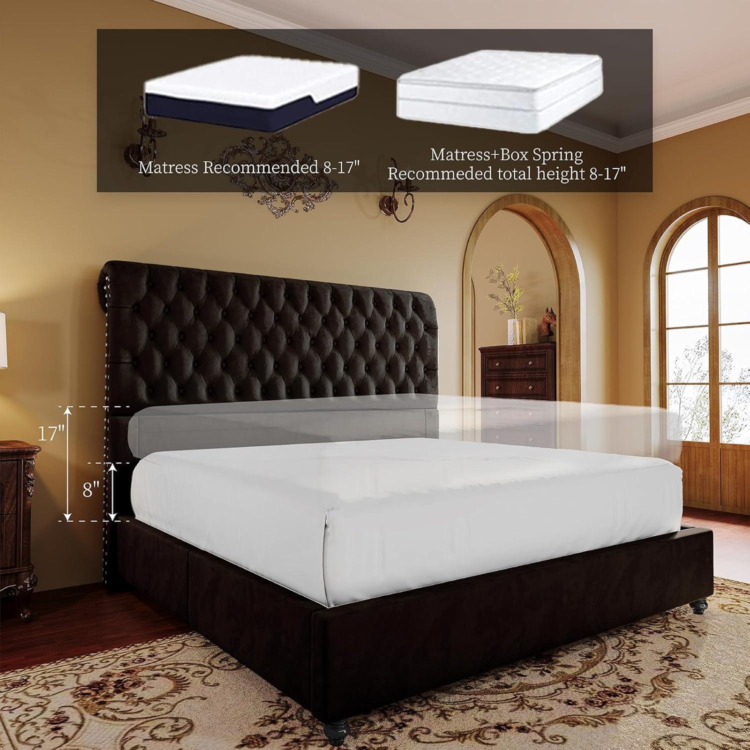 PaPaJet Estructura de Cama con Plataforma, Cama Trineo Tapizada en Terciopelo Tamaño Queen, Cabecera Capitoné con Borde Enrollado y Botones Profundos, Soporte de Listones de Madera/no Necesita Somier/fácil Montaje/negro