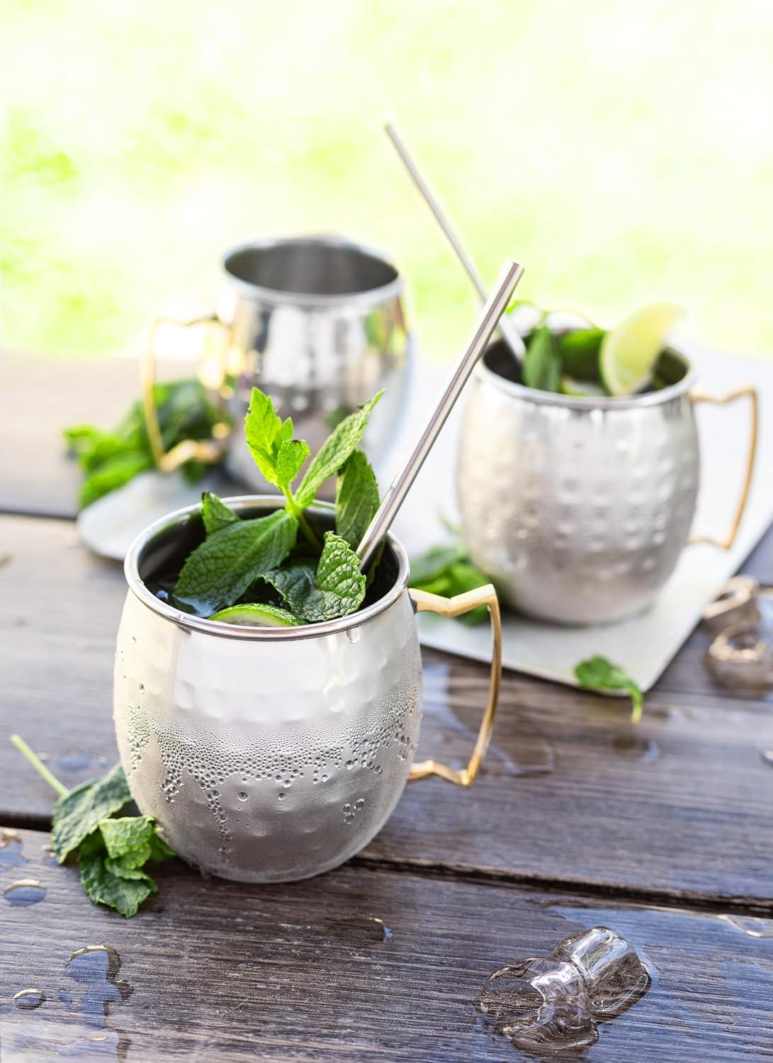 Sol Living Moscow Mule Mugs Set of 4, 14 oz Stainless Steel Lining Silver Cups Handcrafted Barware Set for Cocktails Mixed Drinks Bar Accessories Gift Set Hammered Finish Mugs Perfect for Cold Drinks
