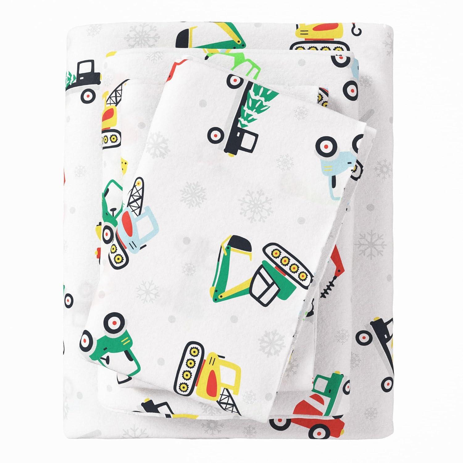 100% Cotton Christmas Flannel Sheets - Great Bay Home (Twin, Christmas Toy Trucks)