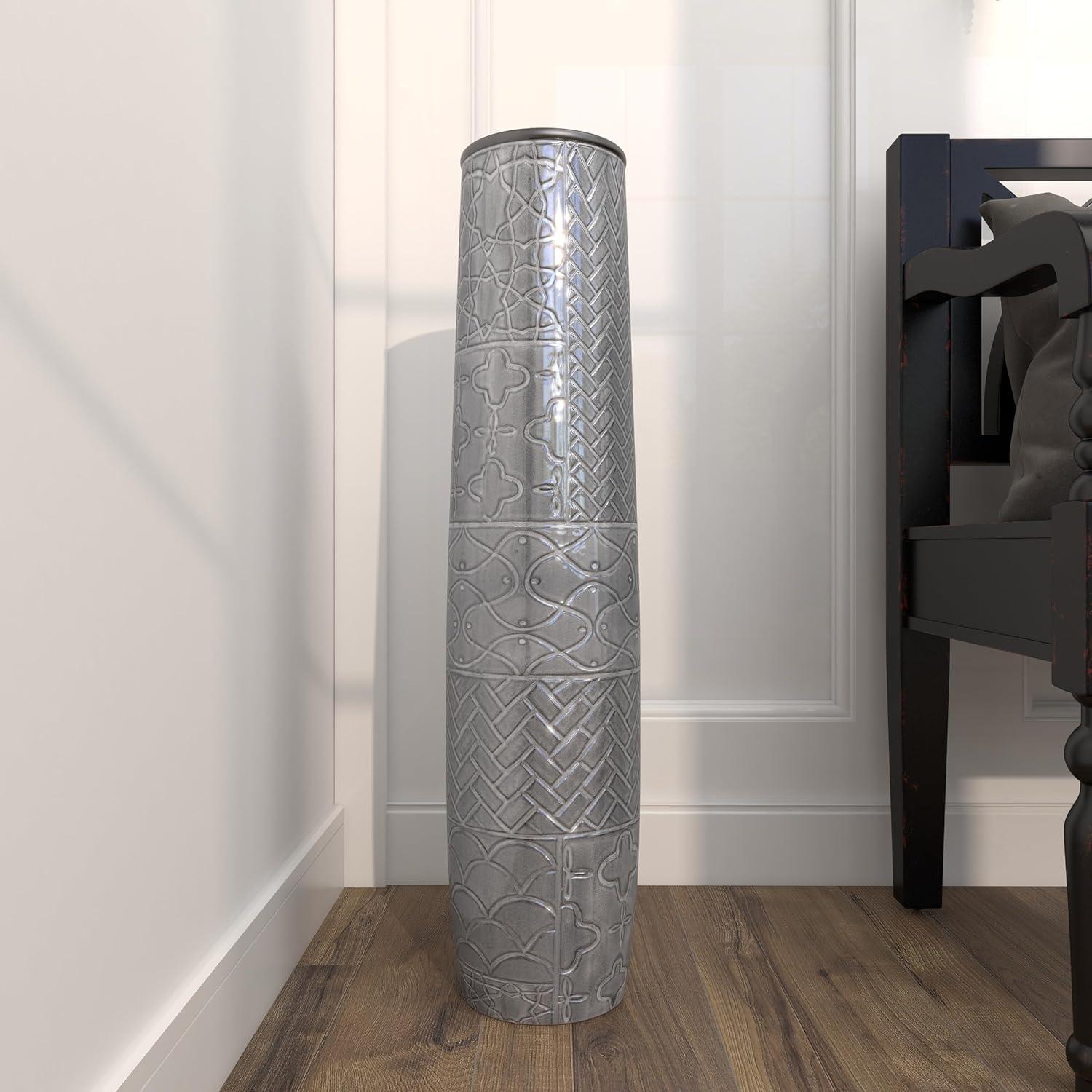 Ceramic Slim Engraved Patterned Decorative Gray Vase