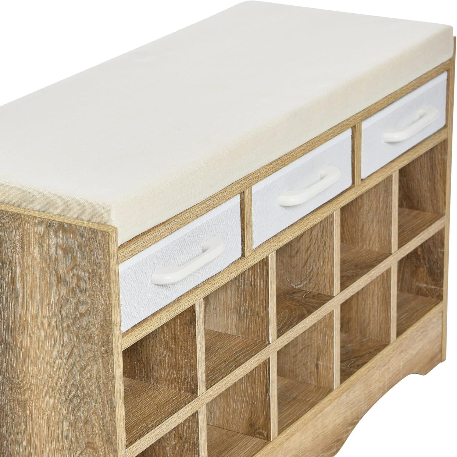 Household Essentials Entryway Storage Bench with 3 Beige Drawers 10 Shoe Compartments and Cushioned Seat in Coastal Oak Rustic Wood Grain