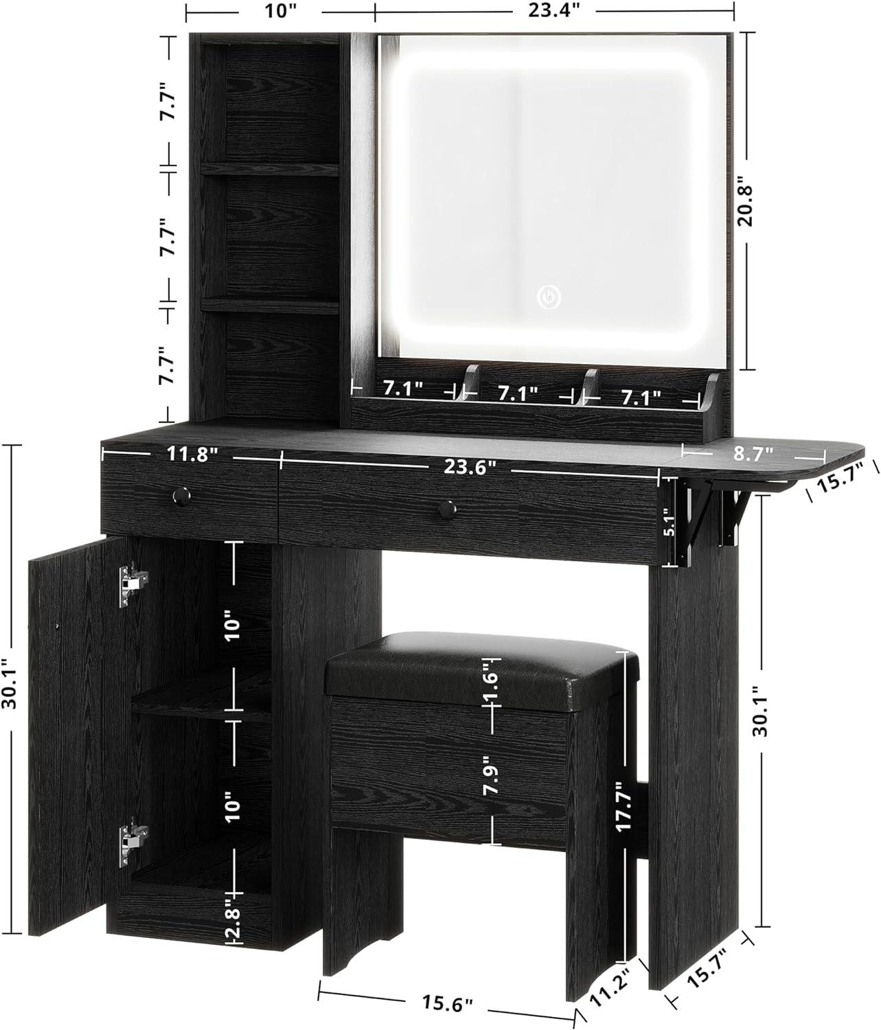 Black Iron Vanity Desk with LED Mirror and Storage Bench