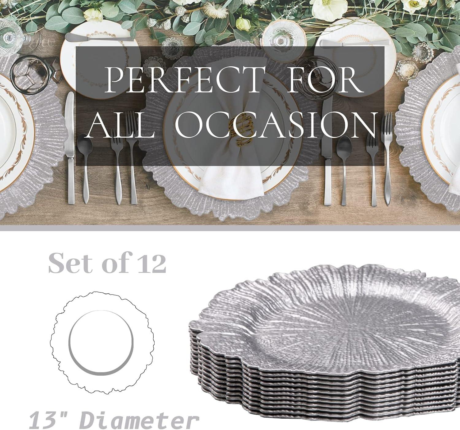 Silver Textured Plastic Charger Plates Set of 12, Round 13"