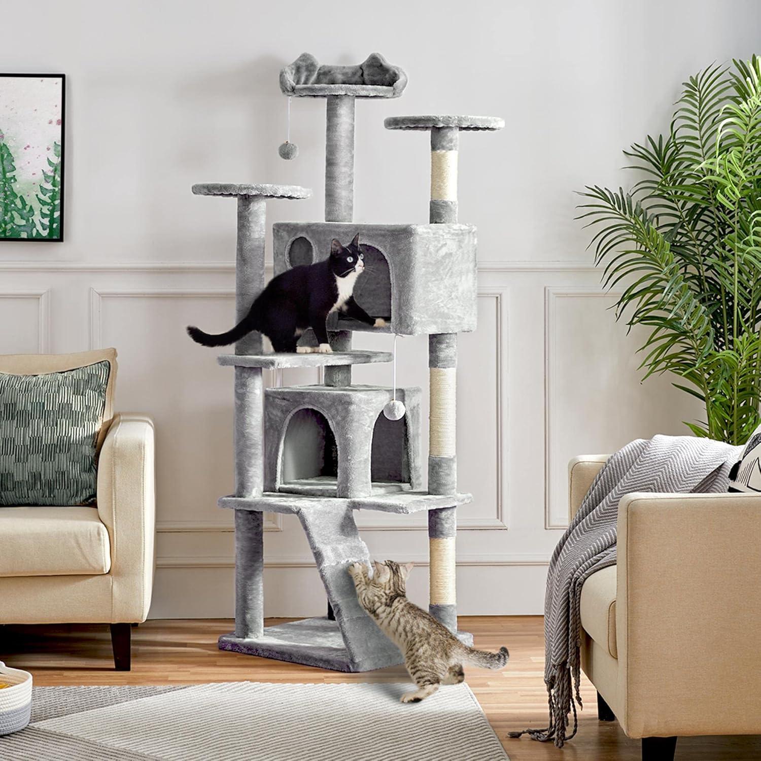 70in Light Gray Multi-Level Cat Tree Tower with Condos and Scratching Posts