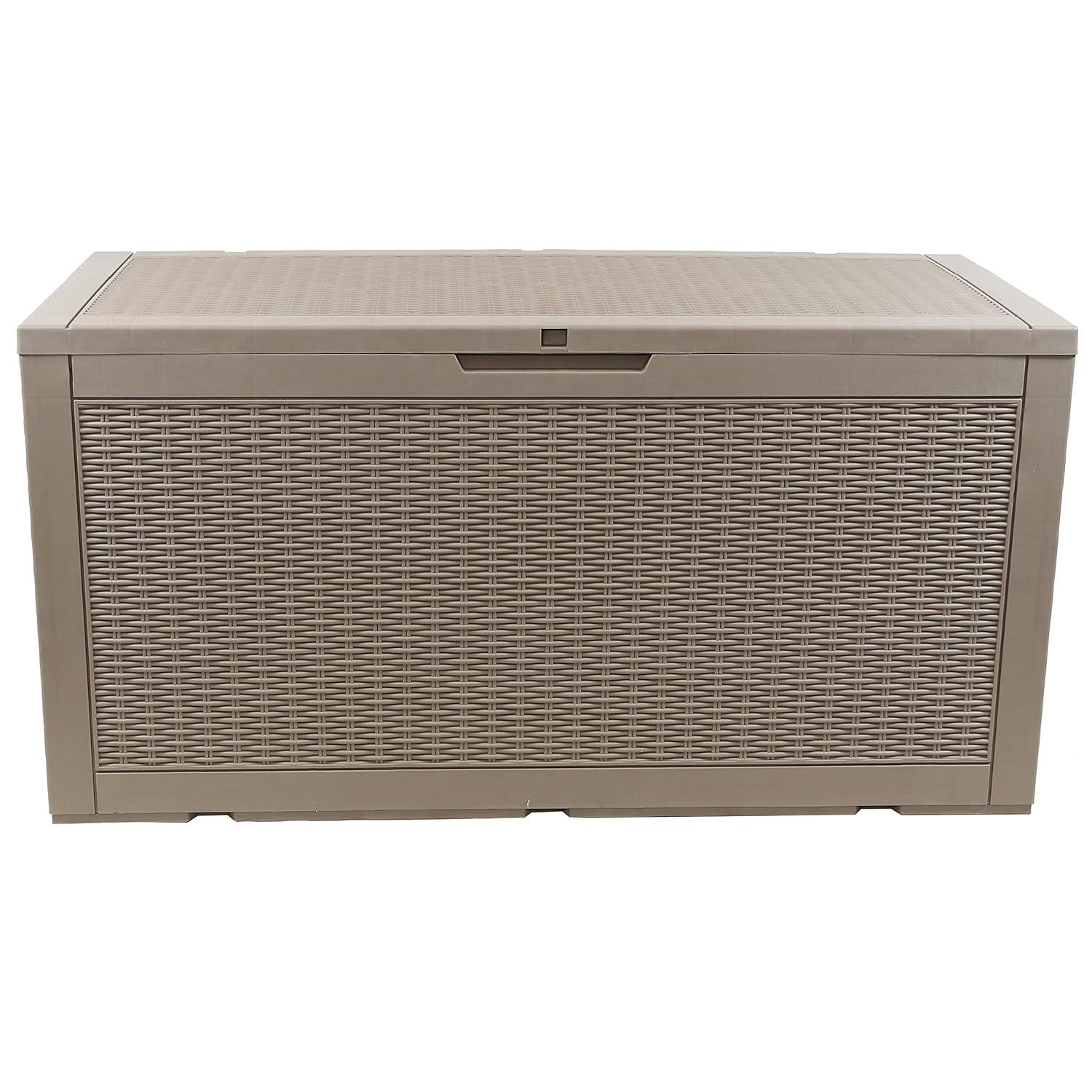 Sunnydaze Outdoor Deck and Patio Storage Box with Rattan Design - 100 Gal. - Driftwood