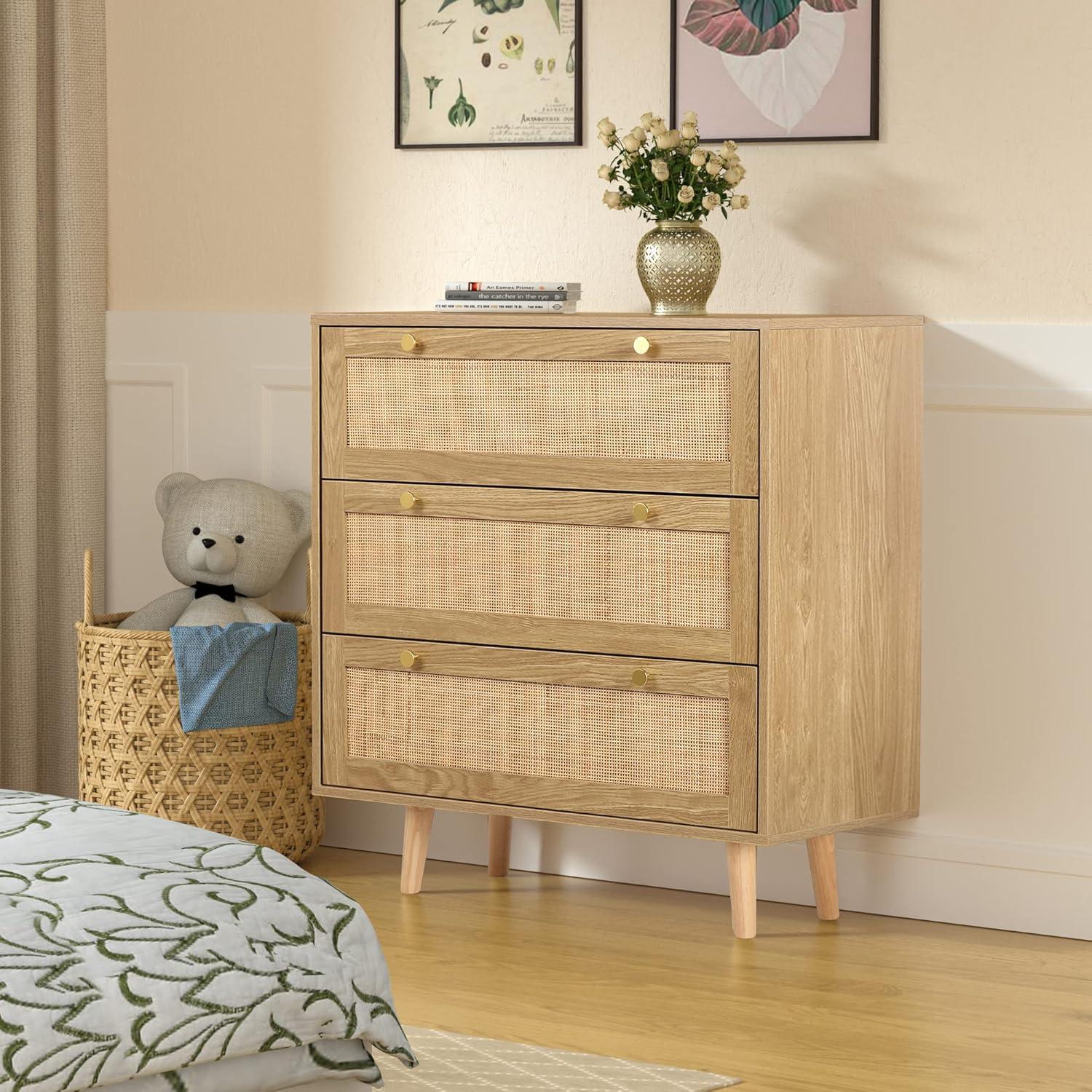 Bohemian Oak and Rattan 3-Drawer Dresser with Gold Handles