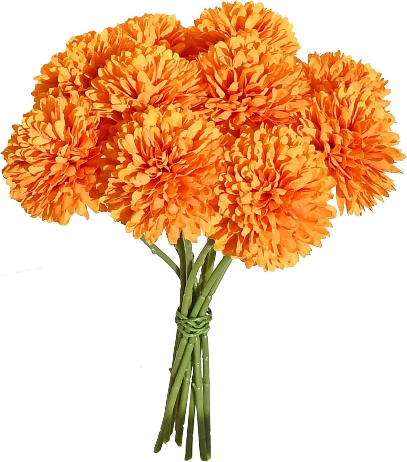 12pcs Orange Fake Flowers 12" Artificial Chrysanthemum Ball Silk Flowers Bouquet for Home Kitchen Wedding Table Arrangement Decorations