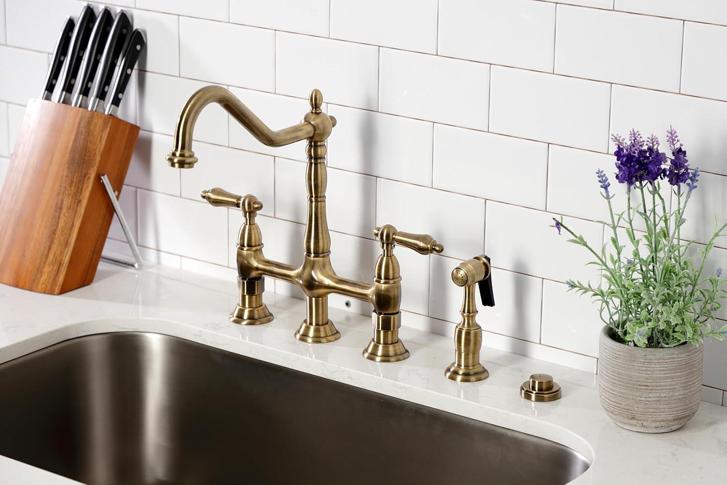 Kingston Brass KS1273ALBS Heritage 8-Inch Kitchen Bridge Faucet with Brass Sprayer, Antique Brass