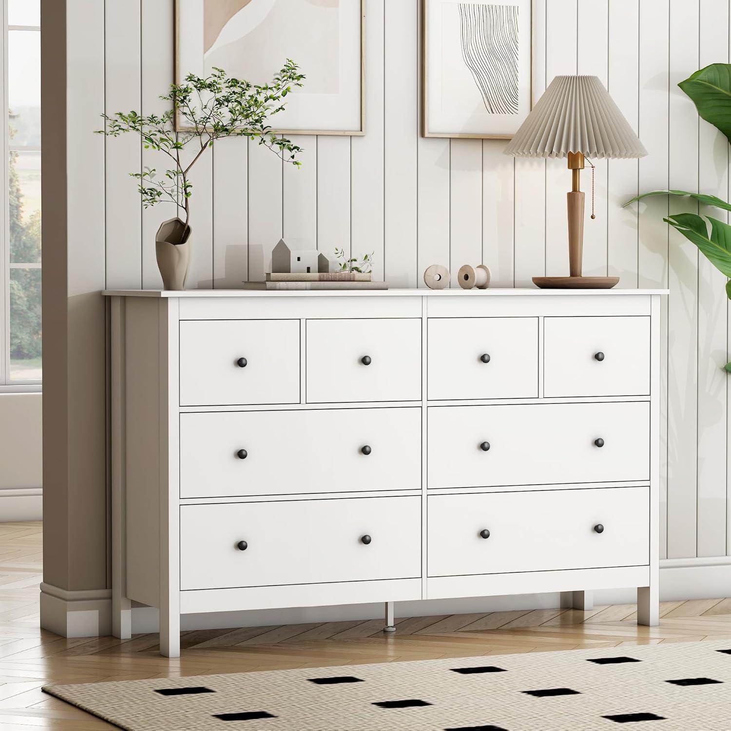 50" Modern White Dressers& Chests of Drawers, 8 Drawer Wide Dresser for Bedroom, Living Room