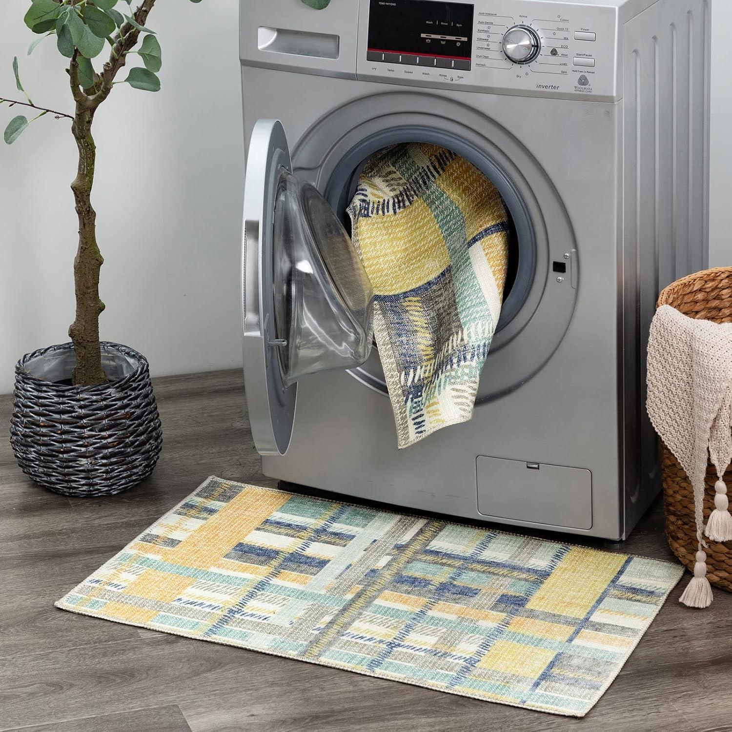 NELE Machine Washable Modern Lattice Area Rug Yellow/Blue Multi