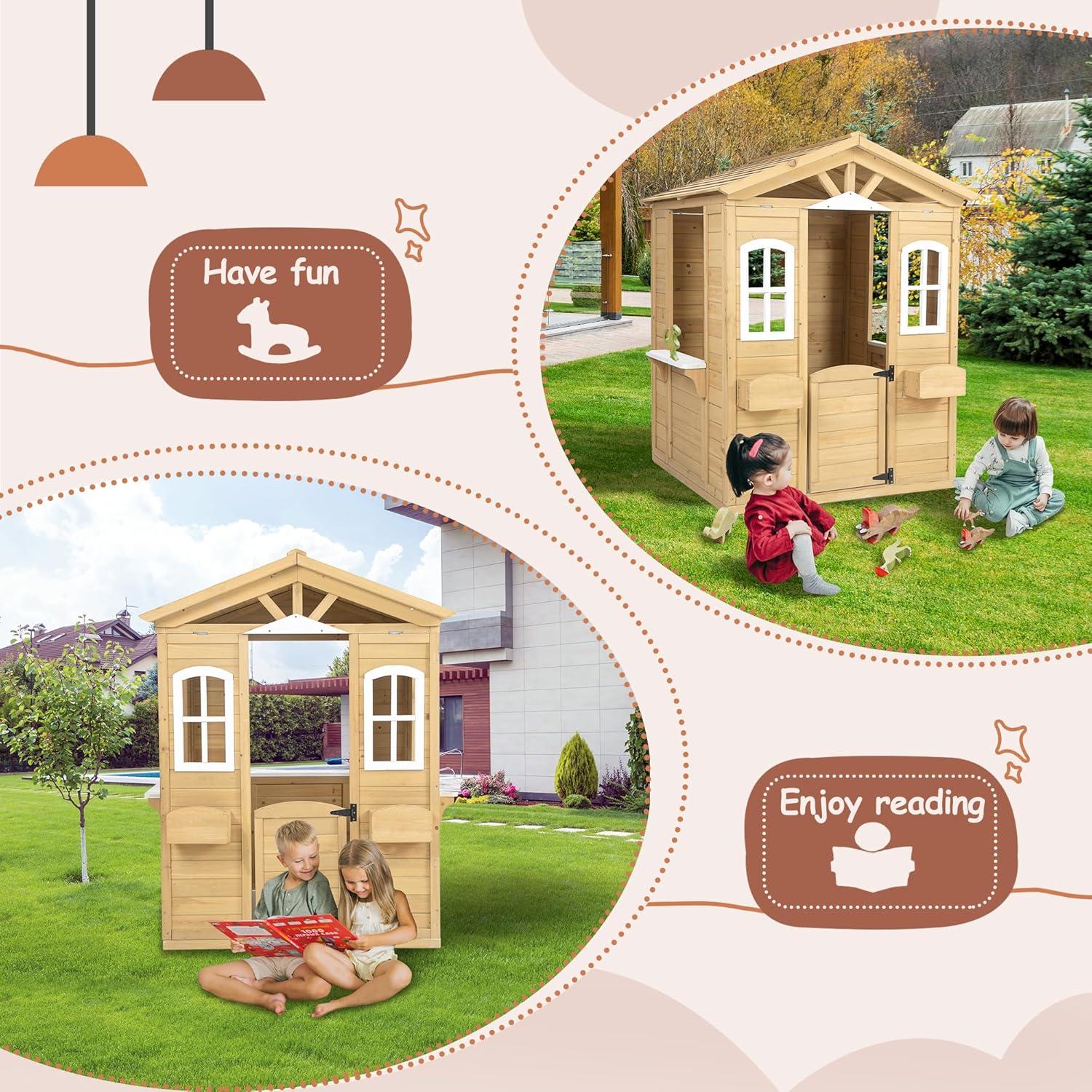 Natural Fir Wood Outdoor Playhouse with Windows and Flowerpot Holders