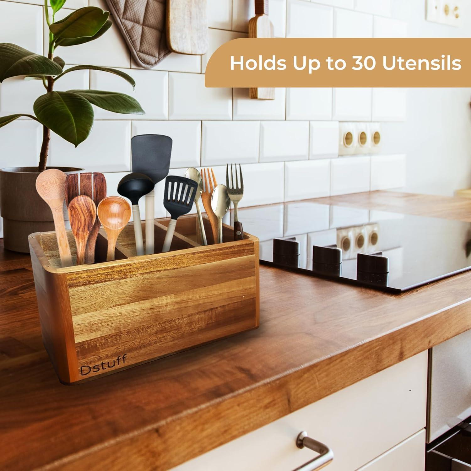 Large Kitchen Utensil Holder Organizer for Counter or Countertop, Large Wooden Utensil Holder for Storage Cooking and Silverware with 3 Compartment, Acacia Rustic Wood Container Extra Large