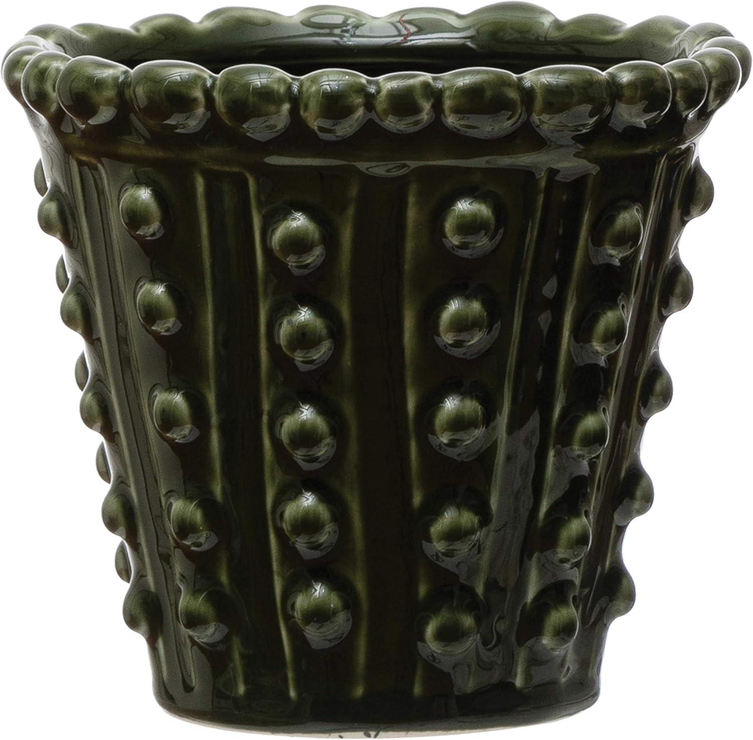 Creative Co-Op Round Stoneware Hobnail Planter, Green