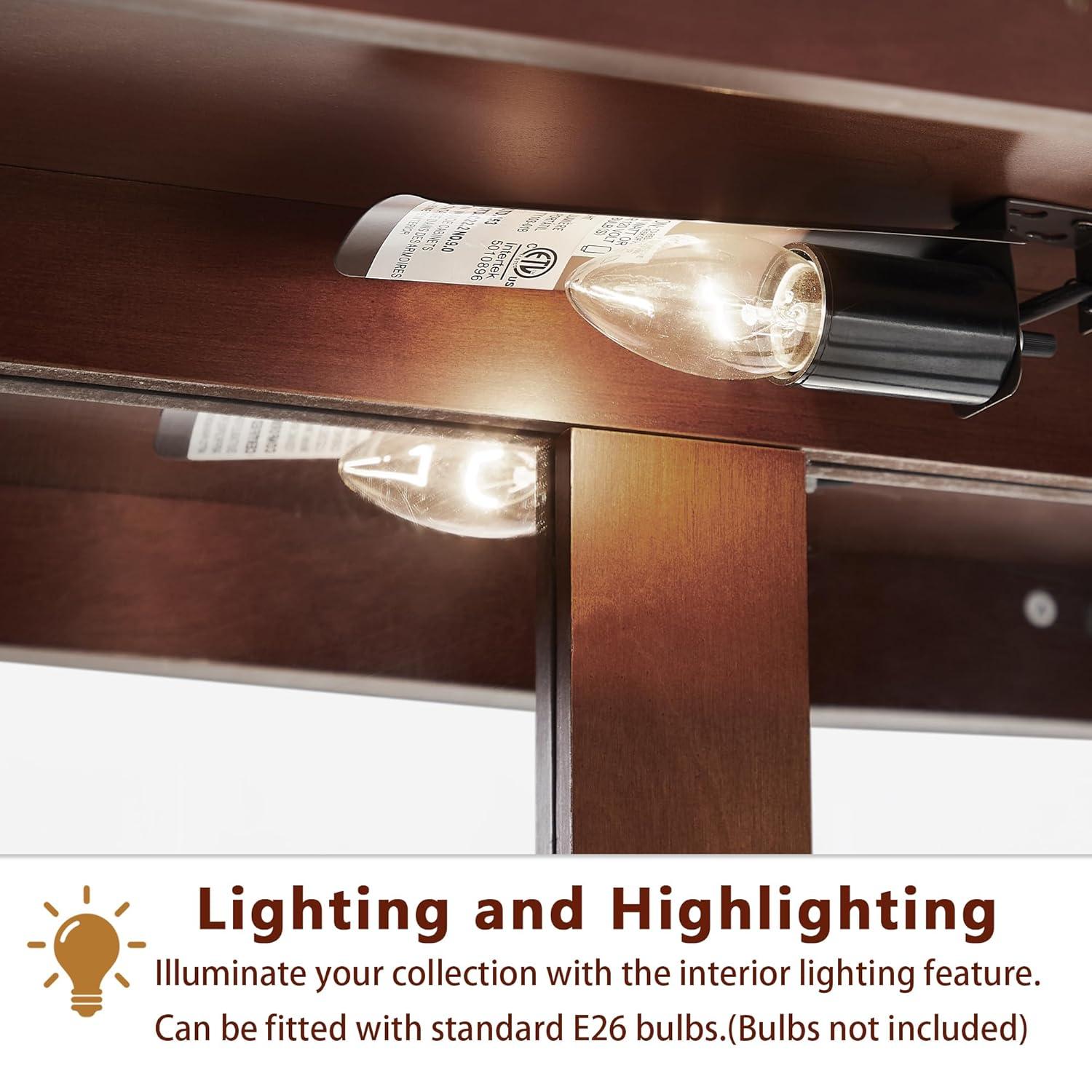 Dolonm Curio Cabinet with Tempered Glass Doors, Curio Cabinets with Mirrored Back Panel and Adjustable Shelves, Lighted Display Cabinet for Home, Office, E26 Light Bulb Not Included, Walnut, 3 Tier