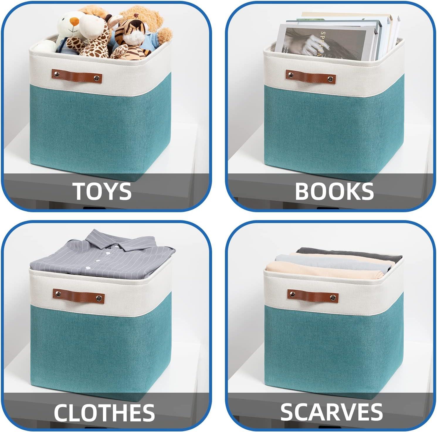 Tegance 13x13 Storage Cubes Baskets 4 Pack Fabric Cube Storage Bins Large Storage Baskets with Leather Handles,Decorative Storage Boxes for Organizing Shelves(WhiteGreen)