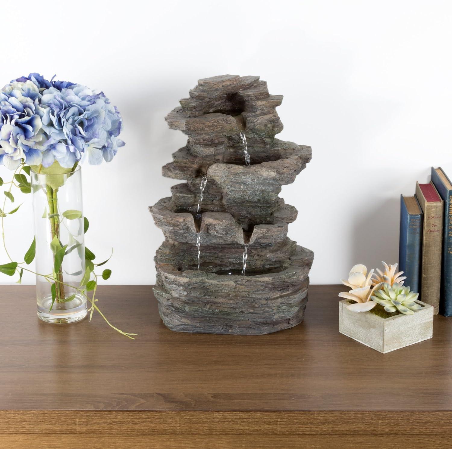 Gray Polyresin Tiered Tabletop Waterfall Fountain with LED Lights