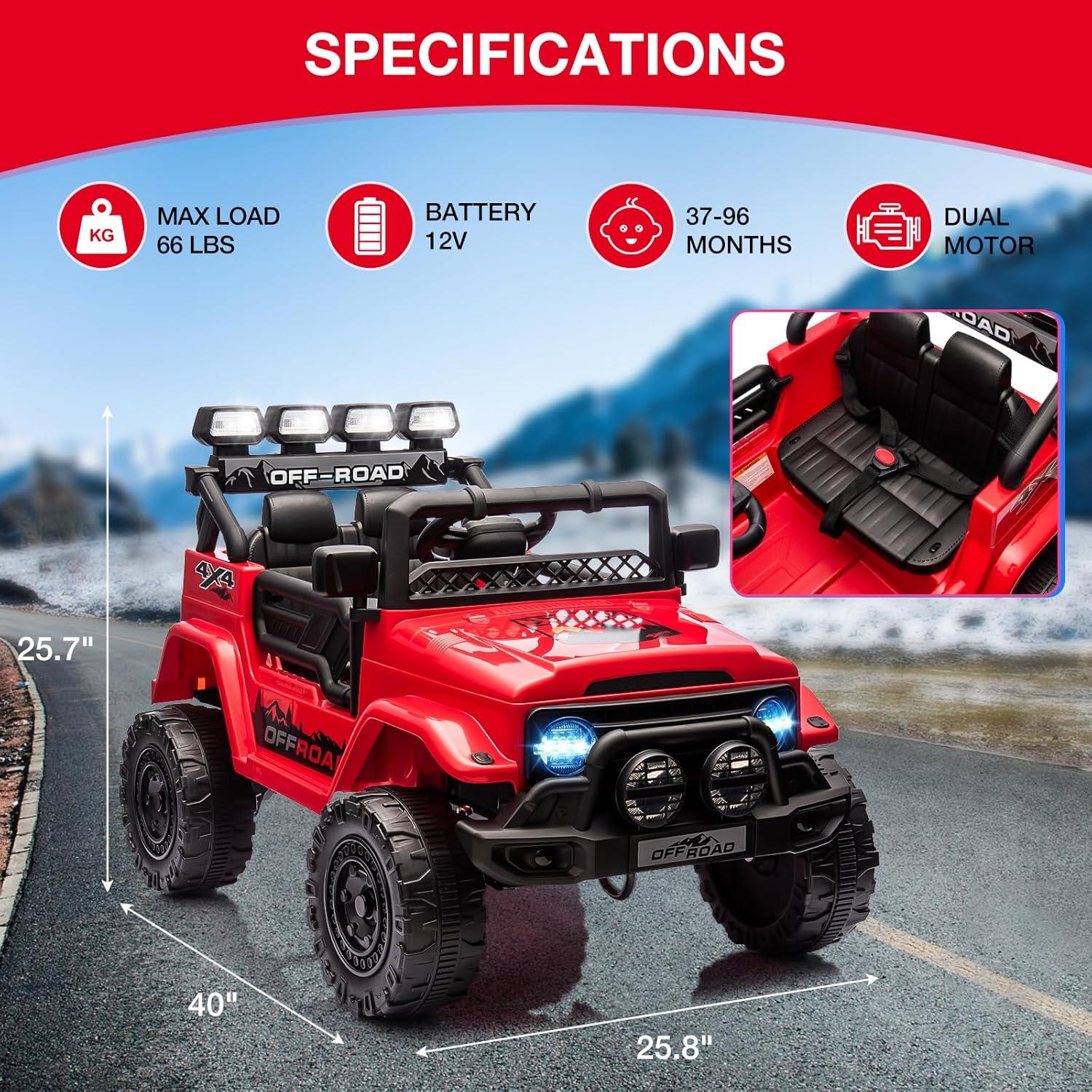 Red 12V Off-Road Kids Ride-On Truck with LED Lights