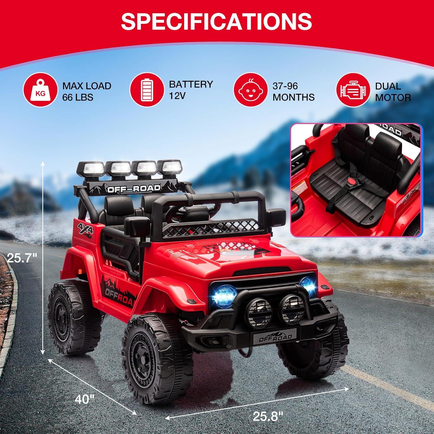 Ride On Truck Car 12V, Electric Vehicle w/Remote Control, 3 Speeds, LED Lights, Music, Spring Suspension, Ride on Car for Kids