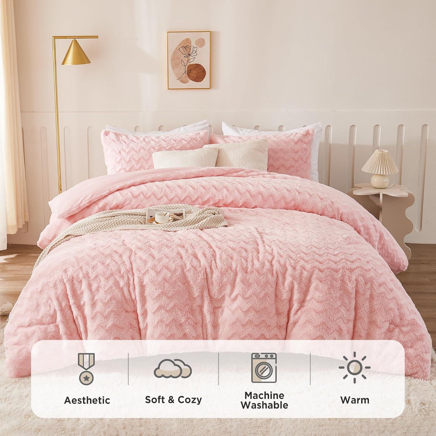 Andency Pink Faux Fur Comforter Set Full, 3 Pieces Fleece Fuzzy Shaggy Plush Sherpa Bedding Set for Women Girls, Fluffy Soft Warm Bed Set for Winter