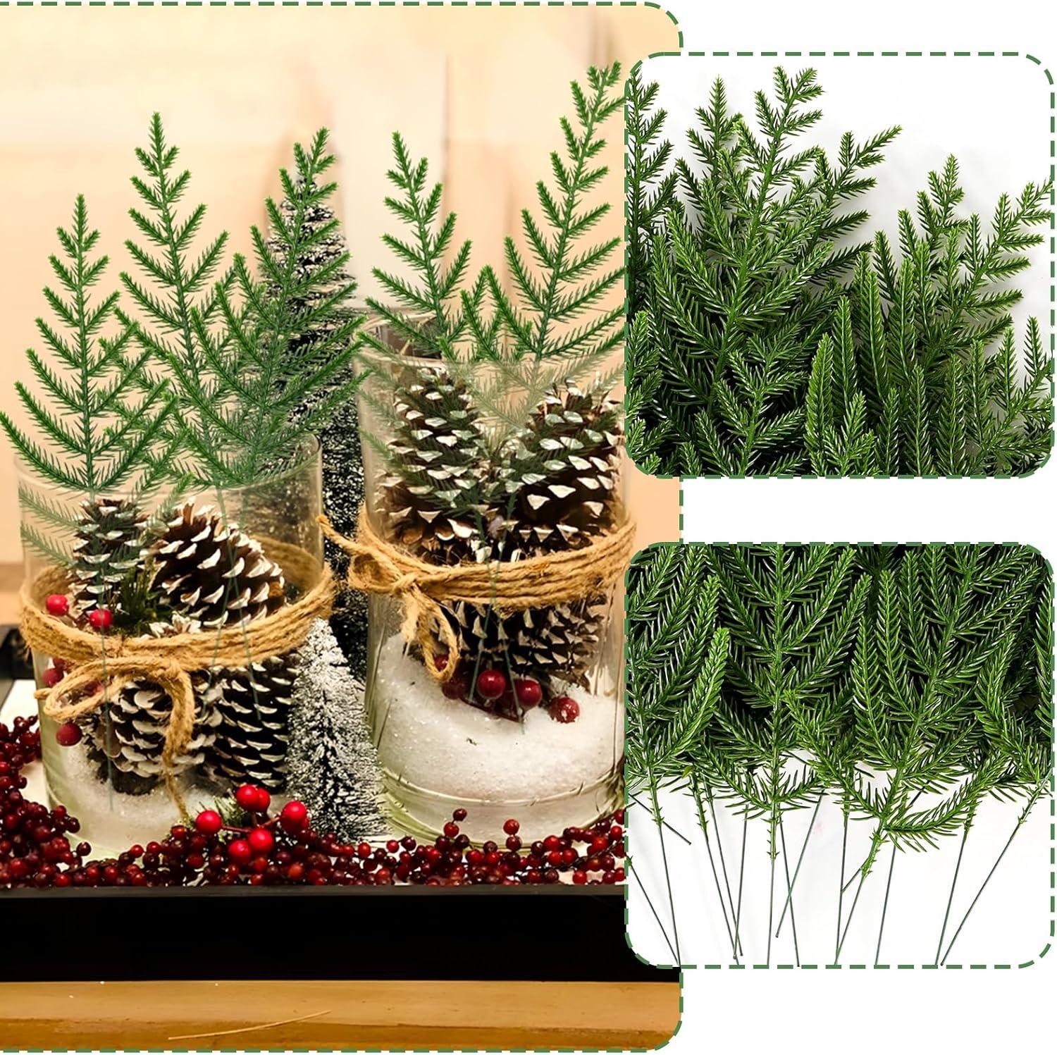 50 Pcs Artificial Pine Branches Christmas Pine Needles Green Plants Fake Greenery Pine Picks Christmas Decorations for DIY Garland Wreath Xmas Embellishing and Home Garden Decoration