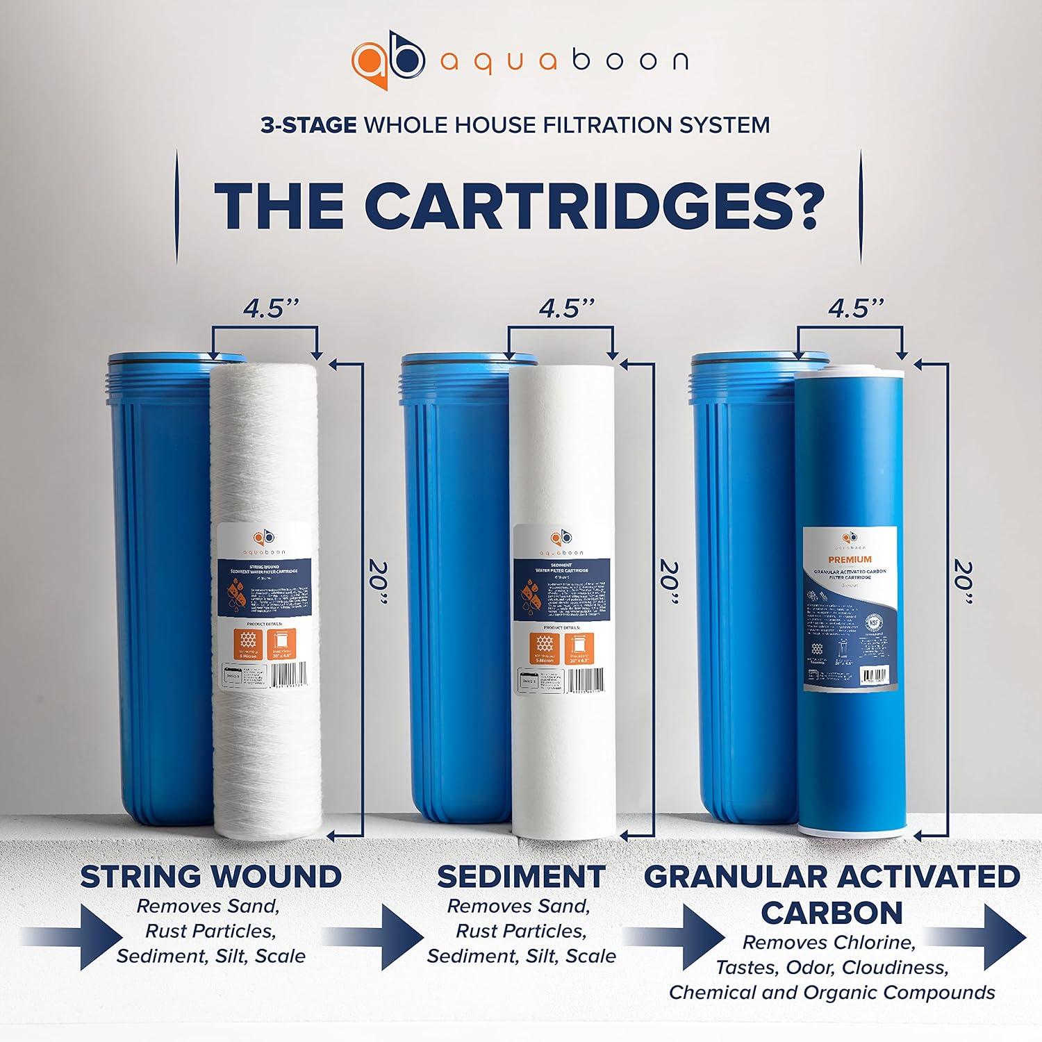 3-Stage 20" Whole House Filtration System by Aquaboon+Housing Bracket+Pressure Gauges+GAC Filter+Sediment+String Wound Sediment Filter Cartridges