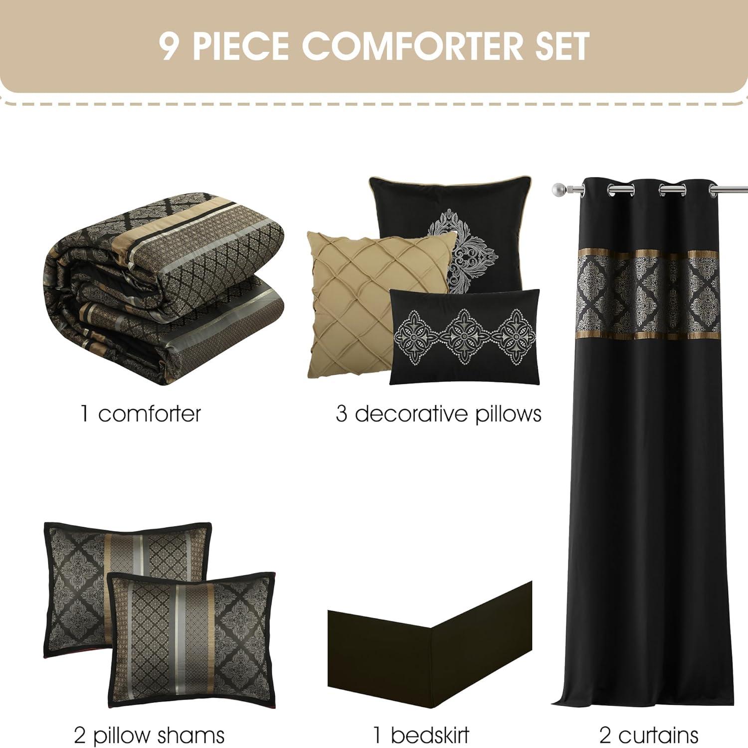 Nanshing Markus 9 Piece Traditional Damask Comforter Set, Black Gold, Queen