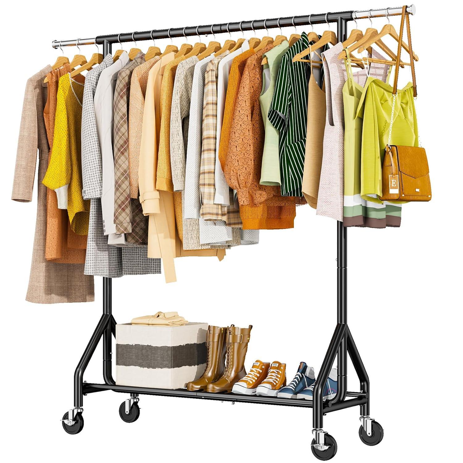 Heavy Duty Clothes Rack Load 450 LBS, Metal Garment Rack, Standing Rolling Clothing Rack for Hanging Clothes with Sturdy Wheels & Shelves, Portable Closet Wardrobe Rack,Sliver