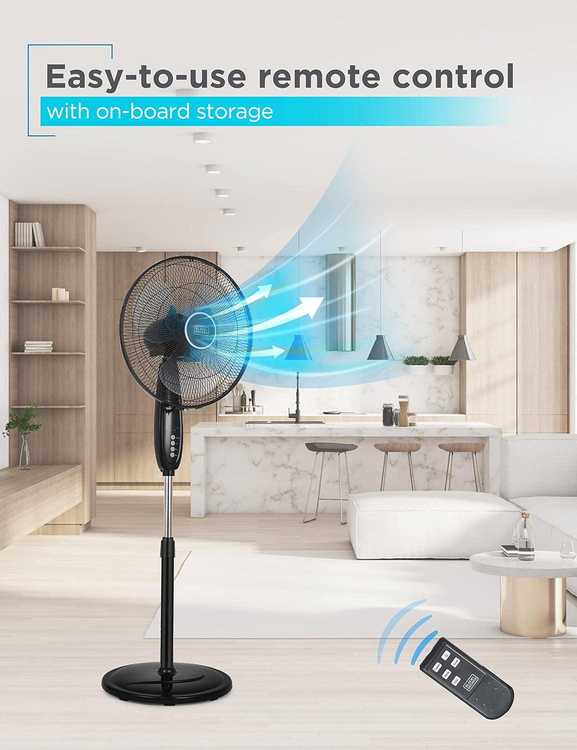 BLACK+DECKER 3-Speed 60-Watt 16-In. Dual-Blade Oscillating Stand Fan with Remote, BFSD116B