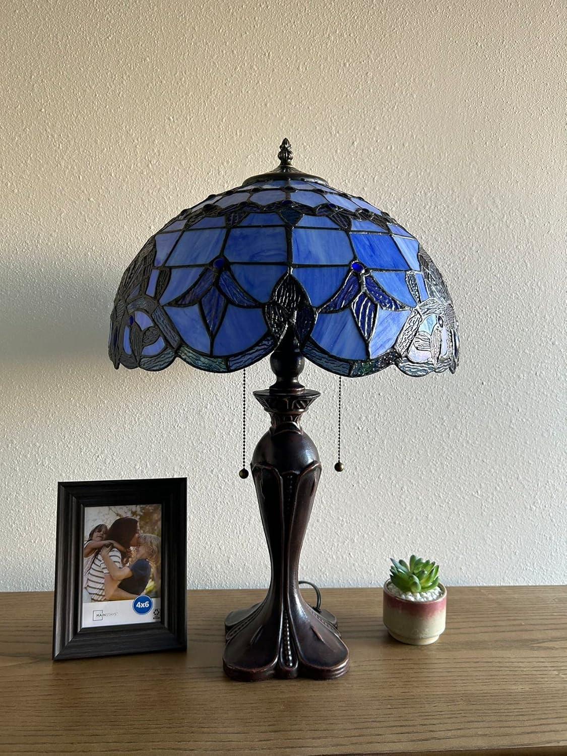 Tiffany Table Lamp Blue Stained Glass Baroque Style Lavender LED Bulbs Included for Living Room Bedroom Bedside 16'W*16"D*24"H