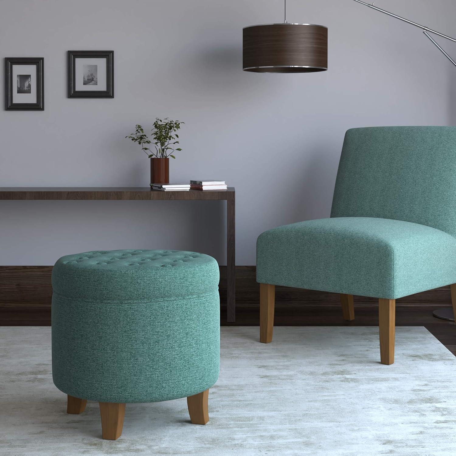 Elegant Teal Tufted Round Ottoman with Textured Weave and Storage