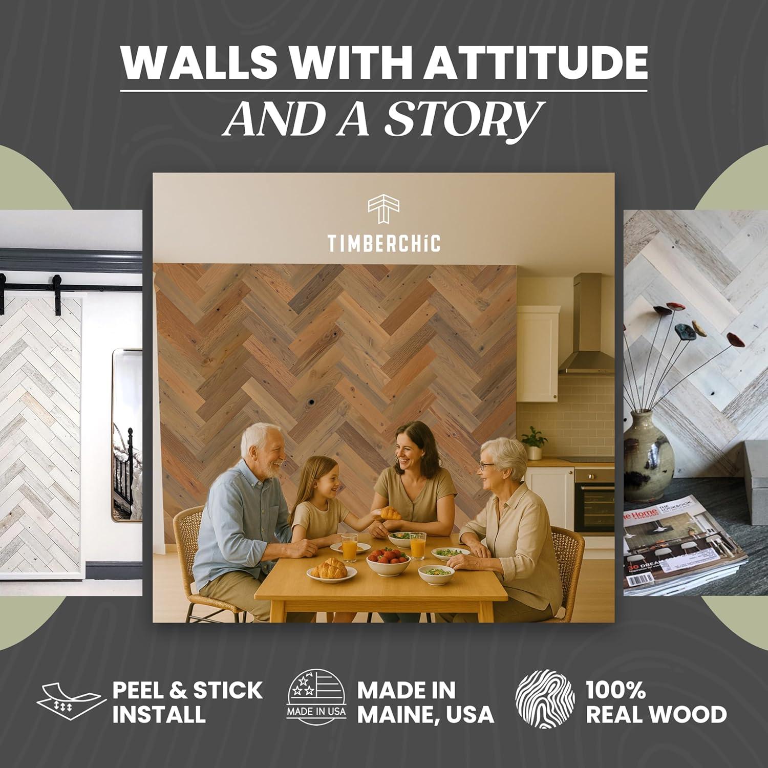 Timberchic River Reclaimed Wooden Wall planks - Simple Peel & Stick Wall Covering Application for DIY Accent Wall & Home Improvement - Premium Wall Paneling - Herringbone Pattern