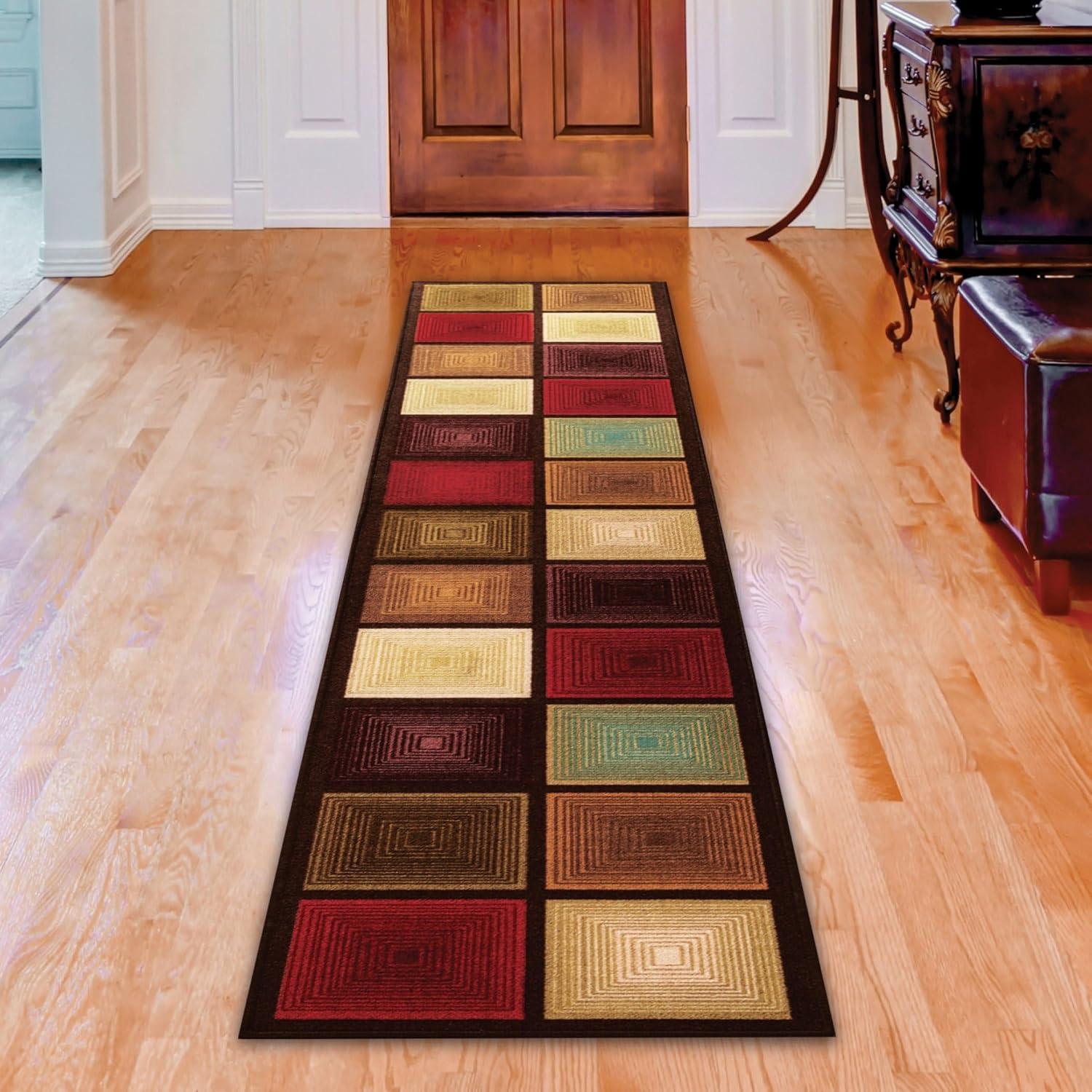 Collections Etc Optic Squares Runner Rug in Deep, Rich Hues - Skid-Resistant Backing Perfect for Hallway, 20" X 90"