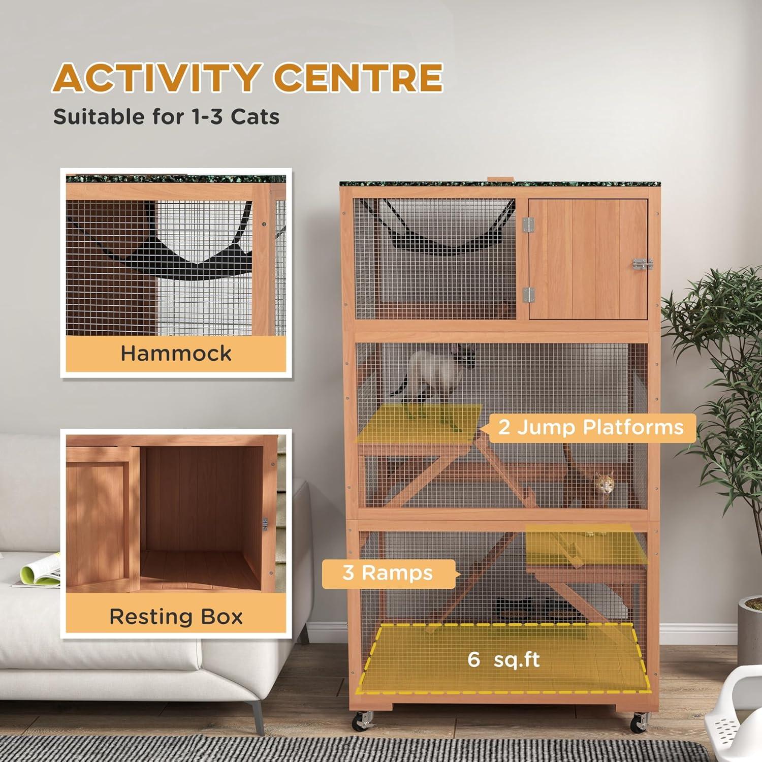 PawHut Catio, Outdoor Cat Enclosure House, Wooden Feral Cat Shelter on Wheels with Hammock, Platforms Ramps, and Waterproof Roof, 34", Orange