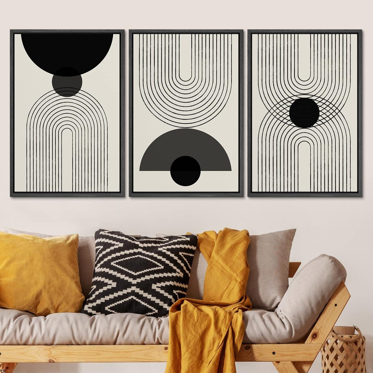 PixonSign Framed Canvas Print Wall Art Black Semi-Circle an Line Parabola Abstract Shapes Illustrations Modern Art Minimalist Edgy Black and White for Living Room - 16"x24"x3 WHITE