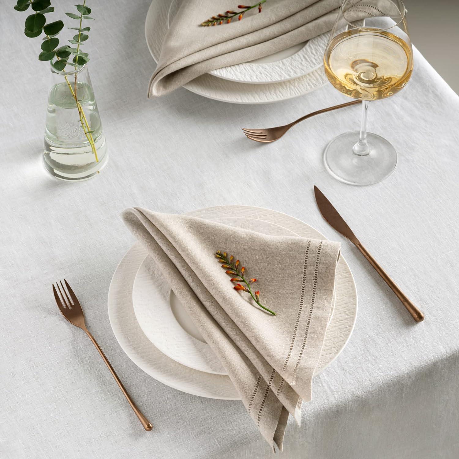 DMoksha Homes 100% Pure Linen Hemstitch 20 x 20 inch, Set of 4, Dinner Napkins - Natural Natural Fabric European Flax, Cloth Napkin, Machine Washable, Handmade with Mitered Corners, Great Gift Choice