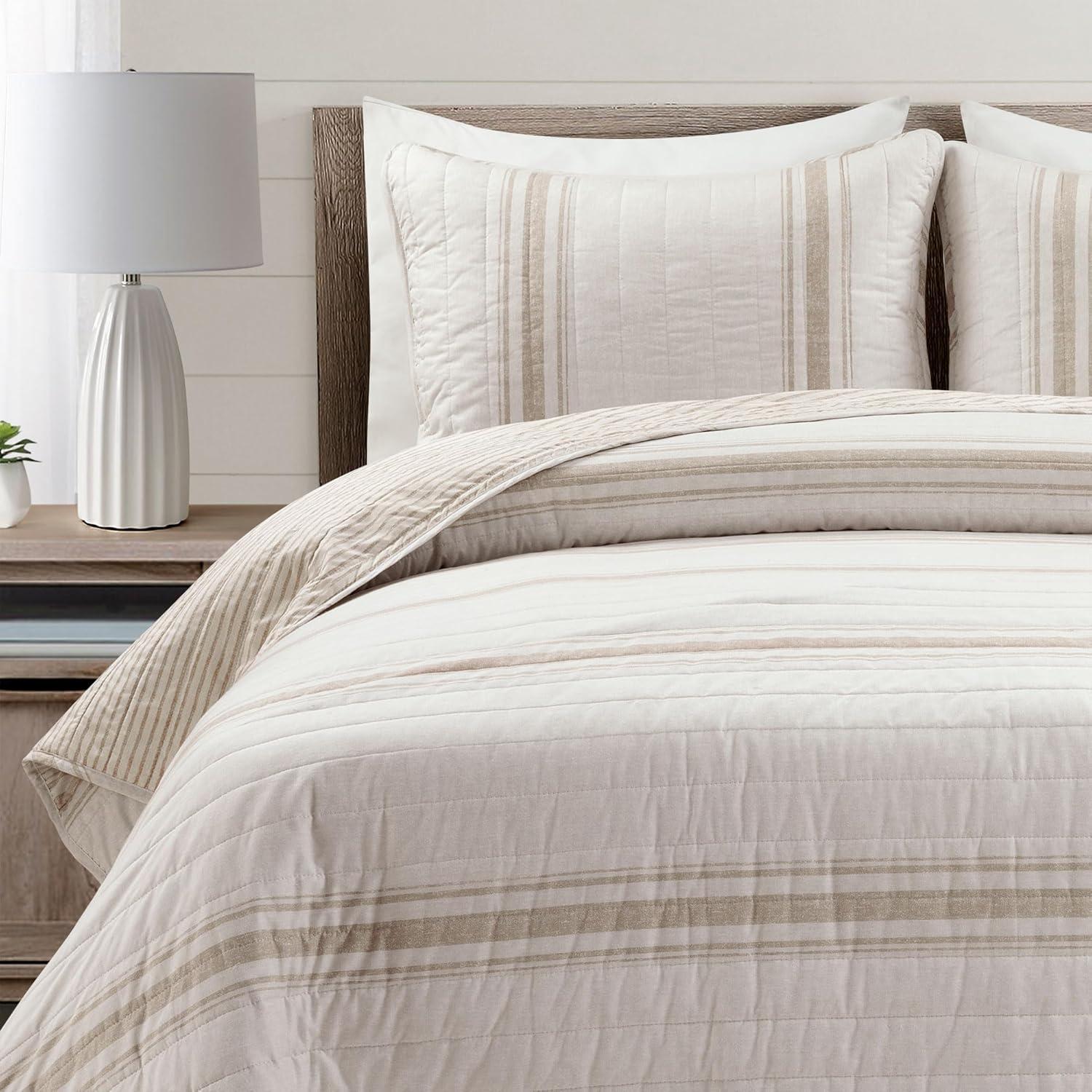 3pc Full/Queen Farmhouse Striped Reversible Quilt Bedding Set Beige - Lush Décor