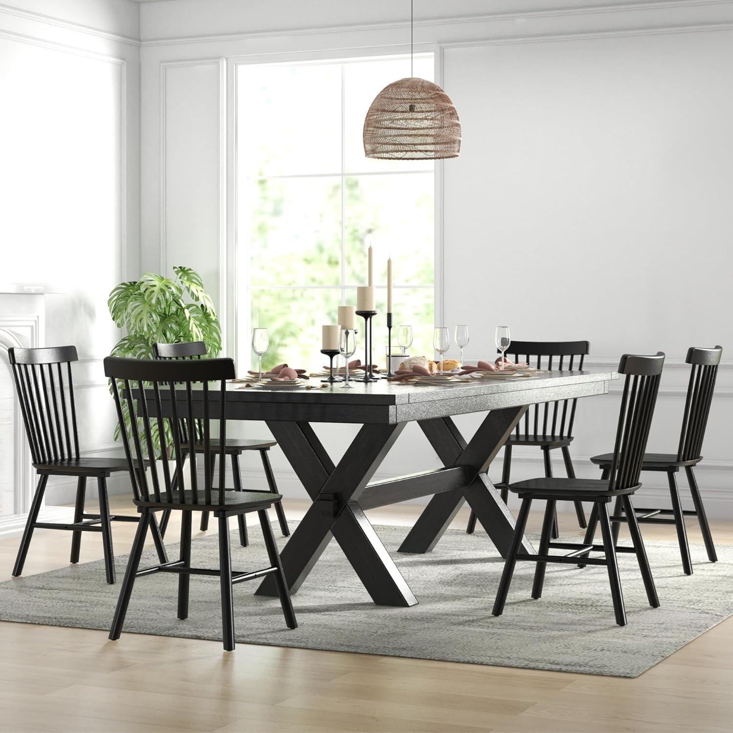 Farmhouse Style Windsor Chairs Set of 2, Vintage Kitchen & Dining Room Chairs with Spindle Back, Comfy Armless Solid Wood Side Chair for Home/Living Room/Restaurant, Black