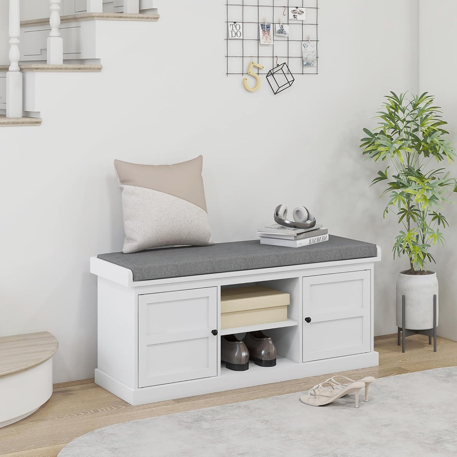 White MDF Shoe Storage Bench with Gray Cushion and Cabinets