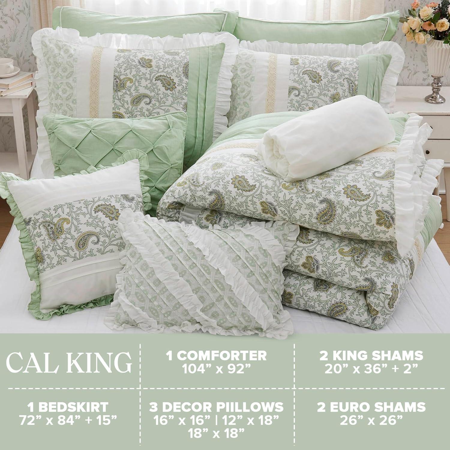Madison Park Cal King Cotton 9-Piece Comforter Set with Lace Taping Pintucked Printed Bed in a Bag Bedding Set with Decorative Pillows and Euro Shams, Sage Green