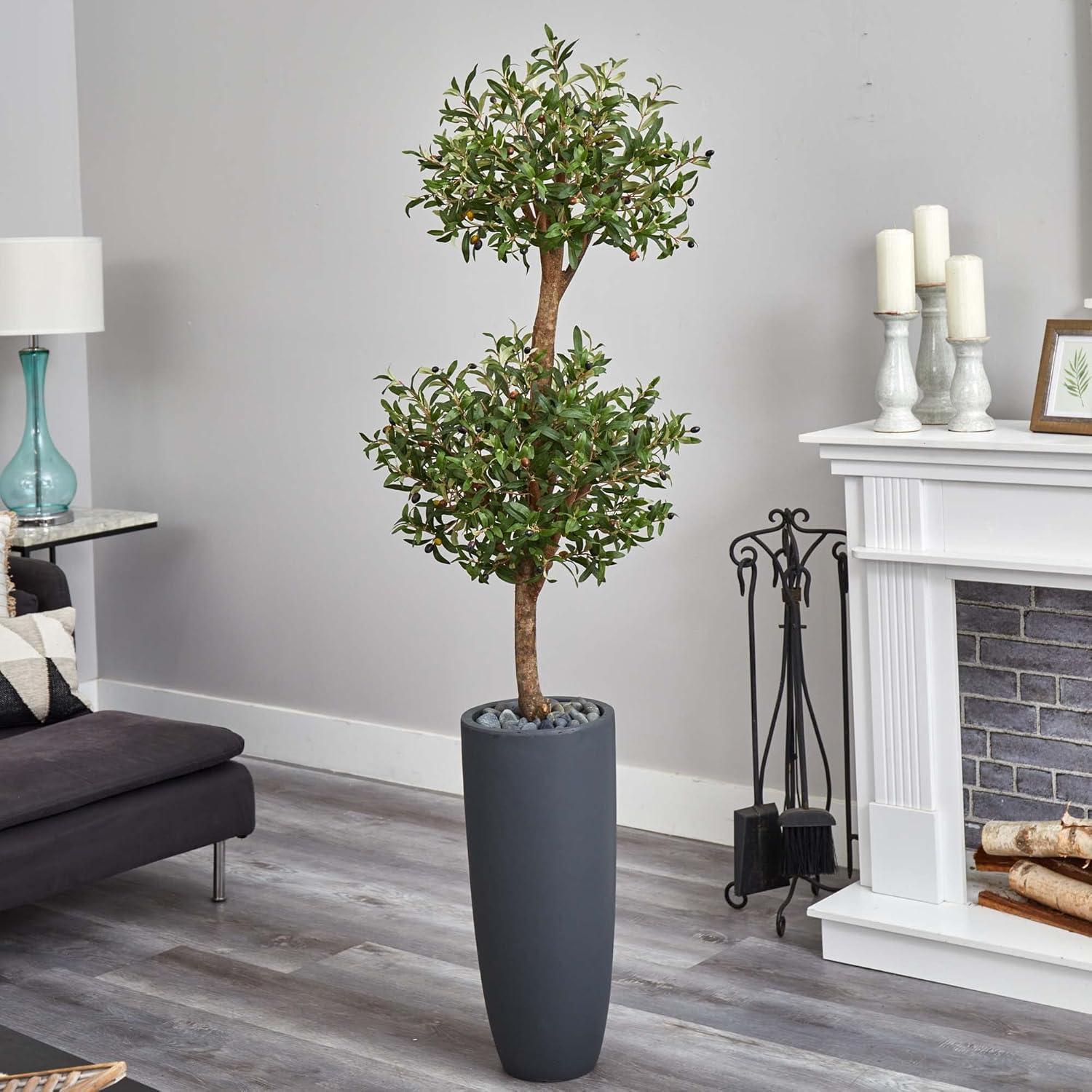 Nearly Natural 6-ft Olive Double Tree in Gray Cylinder Planter